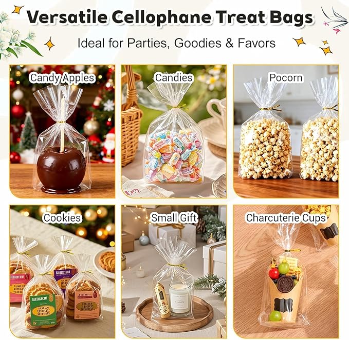 PigPotParty Cellophane Treat Bags 6"x9", 100 Pack Clear Goodie Bags, Bottom Gusset for Stand-Up Display, Small Plastic Gift Wrap for Cookies, Candy, Party Favors, Popcorn, Includes 100 Gold Ties