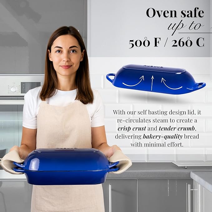 Enamelled Cast Iron Bread Loaf Pot ??Dutch Oven For Sourdough Bread Baking ??Oven Safe Non Stick Bread Pot ??Rectangular, Dark Blue, 34cm x 16cm ??by Nuovva