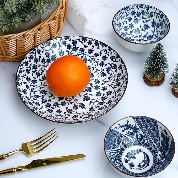 Cherry blossoms Ceramic Dinnerware Set for 2, 10-Piece Stoneware Plates and Bowls Microwave Safe, Elegant Blue Gift Box