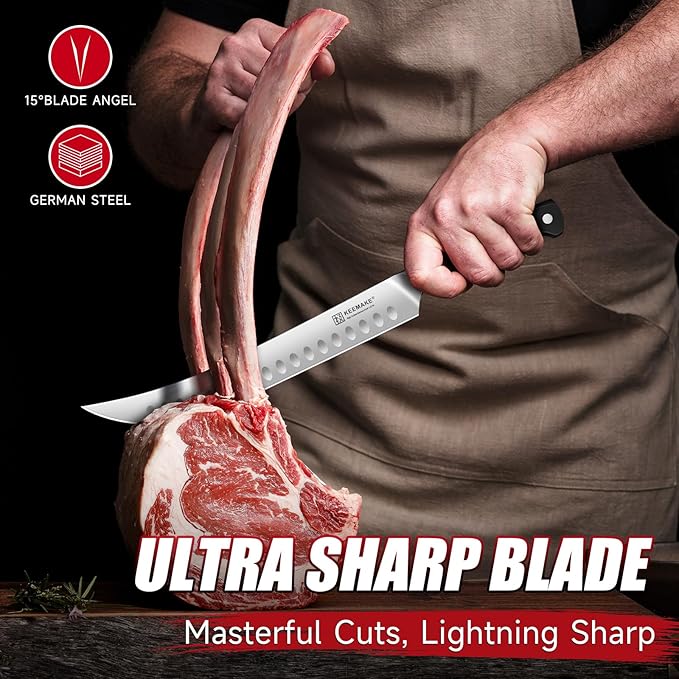 KEEMAKE Butcher Knife 10 Inch, Carving Knife for Meat Brisket Slicing Knife Professional Razor Sharp German Steel with Full Tang Design Ergonomic Handle for Meat, BBQ, Gift Box Included