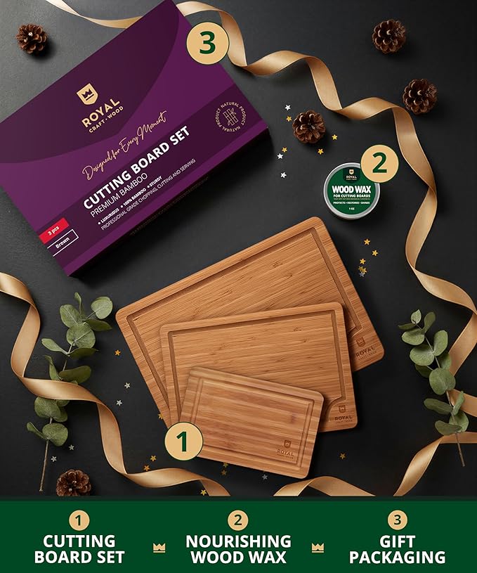ROYAL CRAFT WOOD Bamboo Cutting Board Set ??3 Durable Wooden Cutting Boards for Kitchen Meal Prep, Charcuterie & Serving ??Chopping & Butcher Block with Juice Grooves ??Gift-Ready Packaging & Wood Wax