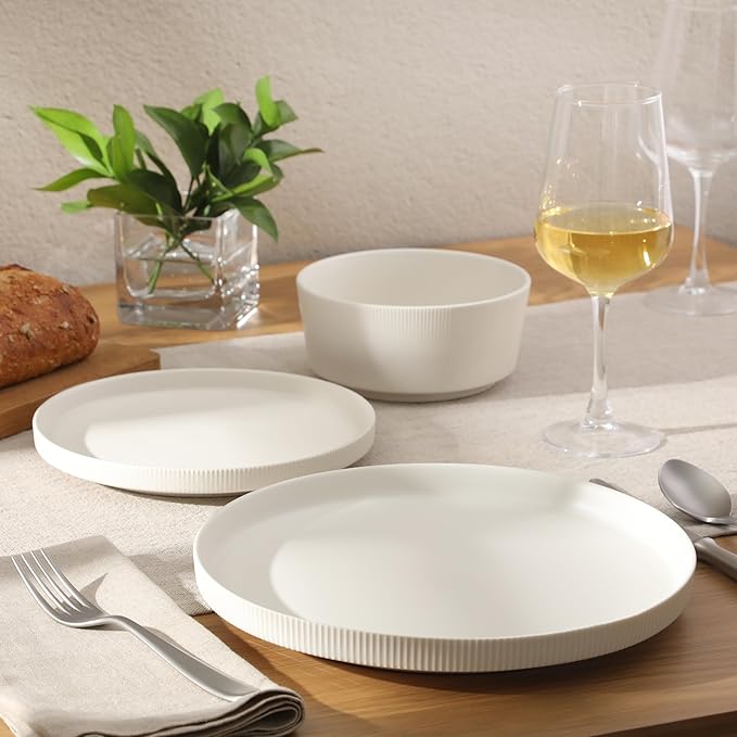 Gibson Home Dempsey Road 12-Piece Stoneware Dinnerware Set ??Service for 4, Round White Plates and Bowls, Durable Solid Color Modern Embossed Dish Set, Microwave & Dishwasher Safe