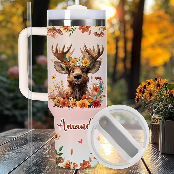 AGGLOMEKC Personalized Cute Moose Cup - Mother's Day Birthday Gift For Animal Lovers - Just A Girl Who Loves Moose Tumbler 40oz With Custom Name - Pet Lover Gifts For Women, Her