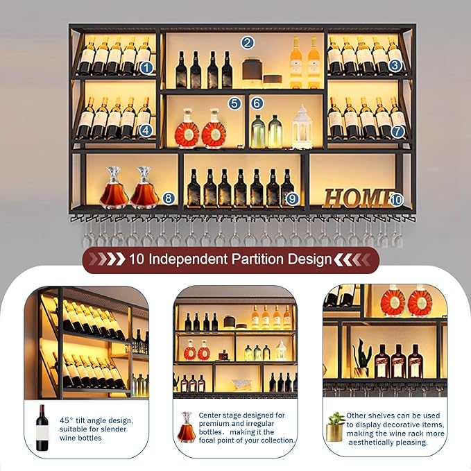 51.1in Wine Mounted Wine Rack, 3-Tier Metal Bar Shelves with Cups Hanging Holder, Large Modern Decorative Display Liquor Shelf, for Bar Dining Room Cafe (51.1" W)