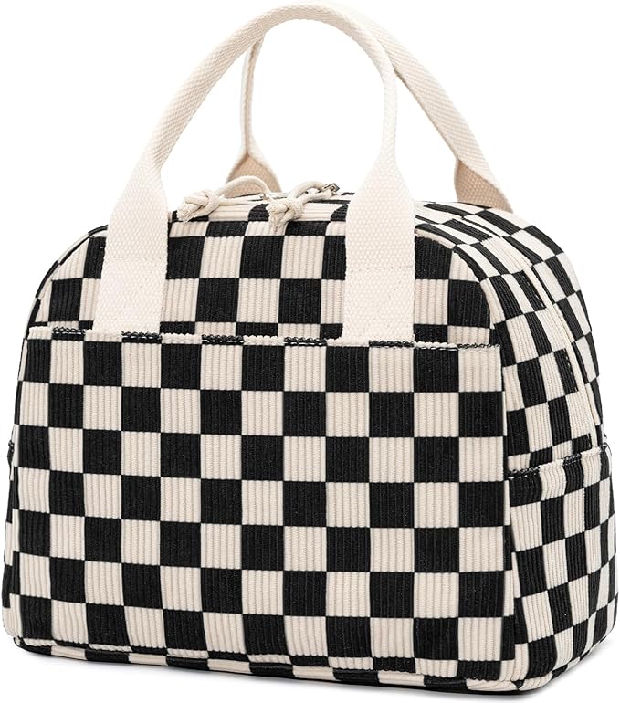 LOVELYWIND Insulated Black Checkered Lunch Bag for Women, Stylish Corduroy Tote with Aluminum Lining, Large Capacity Reusable Cooler for Work, Travel, or Beach, Beige Cream Water-Resistant Lunch Box