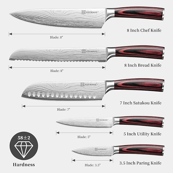 KEEMAKE Knife Set 5 Pieces, Professional Kitchen Knife Set, High Carbon Stainless Steel Chef Knife Set, Ultra Sharp Blade Knives Set for Kitchen with Ergonomic Pakkawood Handle & Gift Box