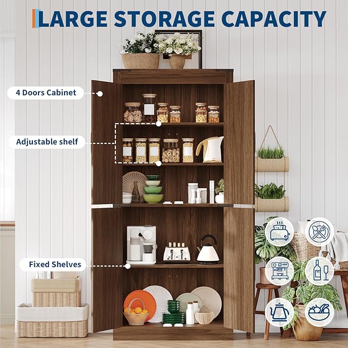 IDEALHOUSE 71" Tall Pantry Cabinet, Farmhouse Kitchen Pantry Storage Cabinets with 4 Doors and 5 Shelve, Large Narrow Food Storage Cabinet Cupboard for Dining Room Living Room