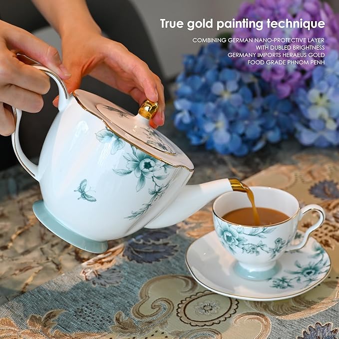 ACMLIFE Bone China Tea Sets for Adults, Blue and White Tea Gift Set, 21 Piece Porcelain, Cup and Saucer Set for 6 Vintage Floral Party for Women or Christmas Gifts Giving (Blue-Leaf-21)