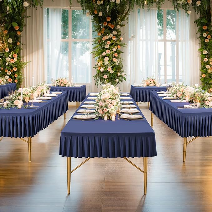 Wish Care 2 Pack Navy Blue Spandex Table Clothes for 8 Foot Rectangle Tables Wrinkle Free Fitted Stretch Fitted Tablecloths 8ft Pleated Ruffle Elastic Table Cover Skirt for Banquet Dining Home Party