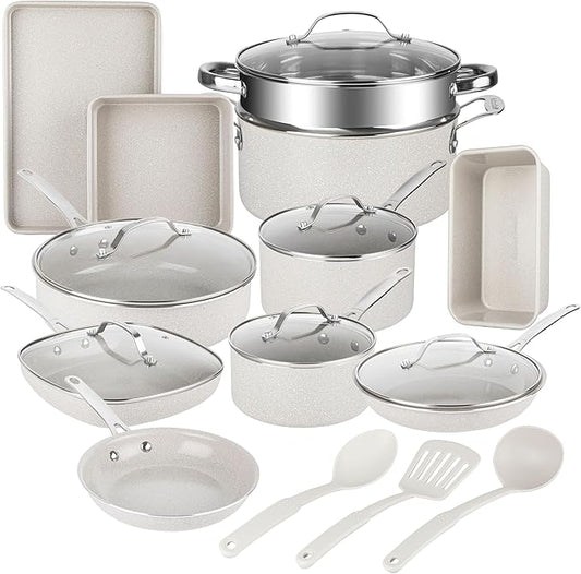 Granitestone Ceraluxe 20 Pc Ceramic Cookware Set Nonstick, Complete Pots and Pans Set Non Stick for Kitchen with Bakeware, Utensils & Steamer, Non Toxic Made Without PFOA PFOS, Oven & Dishwasher Safe