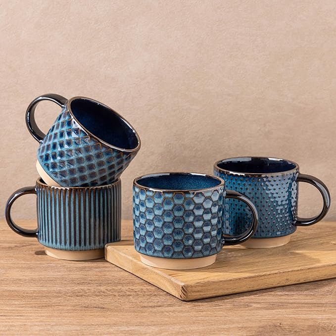GBhome 12 OZ Stackable Coffee Mugs, Ceramic Coffee Mugs with Texture Patterns for Man,Woman,Dad,Mom, Modern Coffee Mugs Set of 4 for Latte/Cappuccino/Cocoa. Dishwasher&Microwave Safe