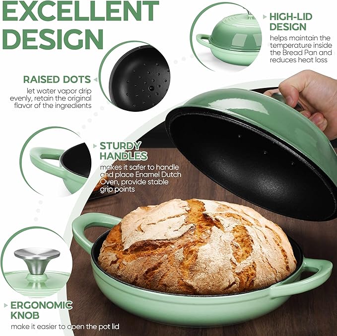 E-far Dutch Oven for Sourdough Bread Baking, 6 Qt Round Enameled Cast Iron Dutch Oven for Homemade Artisan Bread, Dome Lid & Shallow Base, Matte Black Interior & Durable, Oven-Safe to 500?? Green
