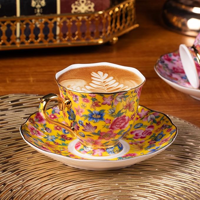 KAMMAK Tea Cups and Saucers Set of 2, Porcelain Coffee Cups with Saucer for Espresso, Cappuccino, 6.3oz Vintage Pink and Yellow Ceramic Novelty Mug for Home, Tea Party, Office