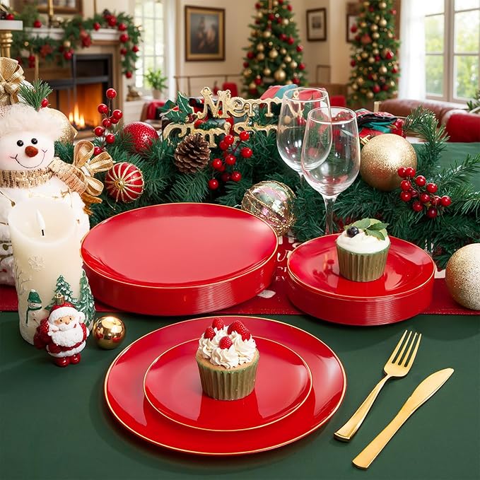 WDF 300Pcs Red Disposable Plates - Red Plastic Plates - 50guest Disposable Dinnerware Include 50 Dinner Plate, 50 Dessert Plate, 150 Cutlery & 50 9oz Cups for Valentine's Day & Parties