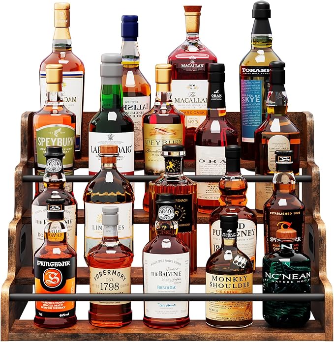 19.6?쓂 x 15.74" D x 12.5" H Inches Versatile 4-Step Coffee Syrup & Water Bottle Organizer Rack Multi-Functional Retro Display Shelf for Kitchen or Bar, Holds Liquor & Spirits, Wooden
