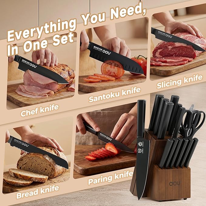 OOU Kitchen Knife Block Set - 15 Pieces High Carbon Stainless Steel Chef Knife Sets, Anti-Rust Black Knives Set with Built-in Sharpener Block, Brown