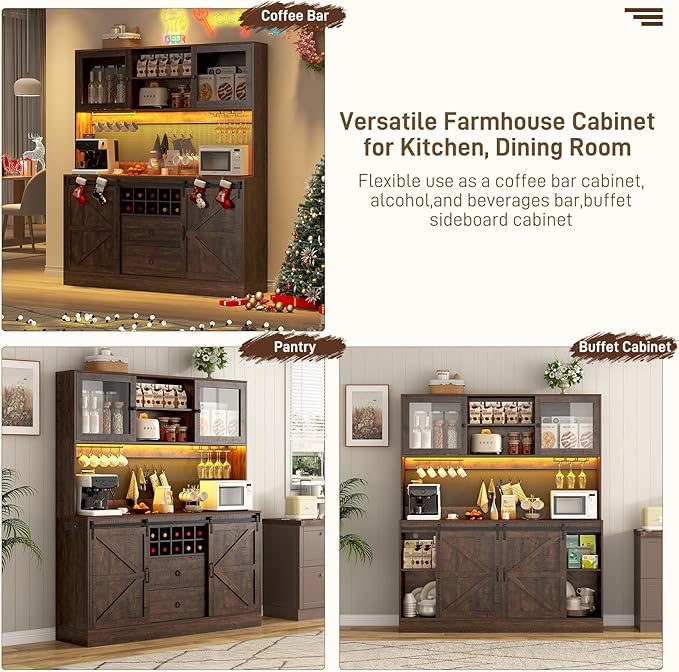 74" Tall 63" Wide Large Coffee Bar Cabinet w/ Outlet,6000-color LED Light,Pegboard,Farmhouse Hutch Cabinet w/Barn Door,2 Big Drawers,Adjustable Shelves,10 Wine & Glasses Rack,5 Hook for Kitchen,Brown