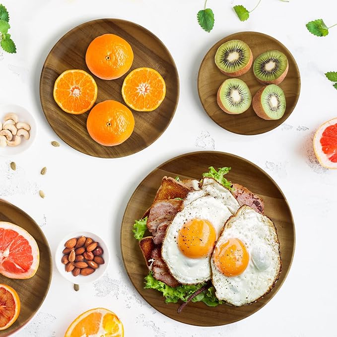 Acacia Wooden Plates Set of 3, 6/8/10 Inch Round Serving Platters for Charcuterie, Appetizers, Acacia Wood Plates, Stackable Dinnerware Trays for Kitchen, Party & Entertaining (Round Tray)