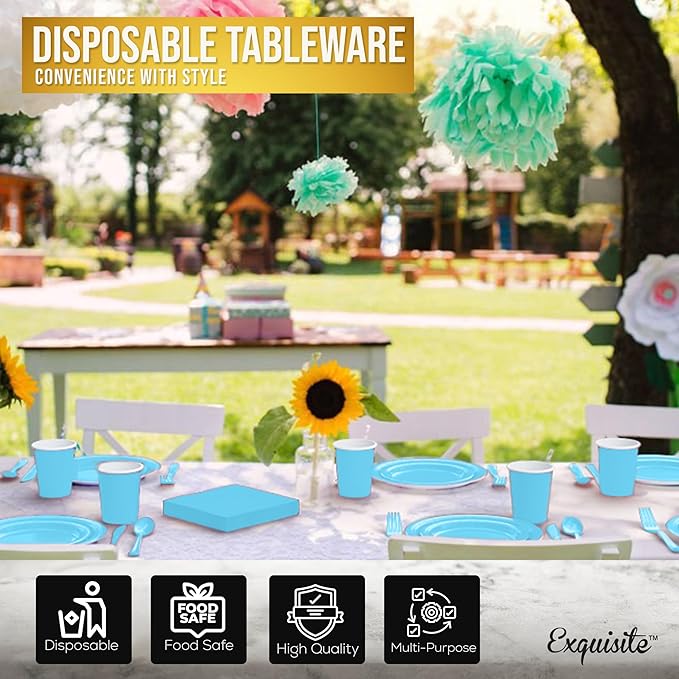 Exquisite 350 Pcs Light Blue Paper Plates For Party, Light Blue Disposable Plates Set, 50 Of Each 9" Dinner Plate Set, 7" Dessert Plate, Cups, Napkins & Cutlery Paper Dinnerware