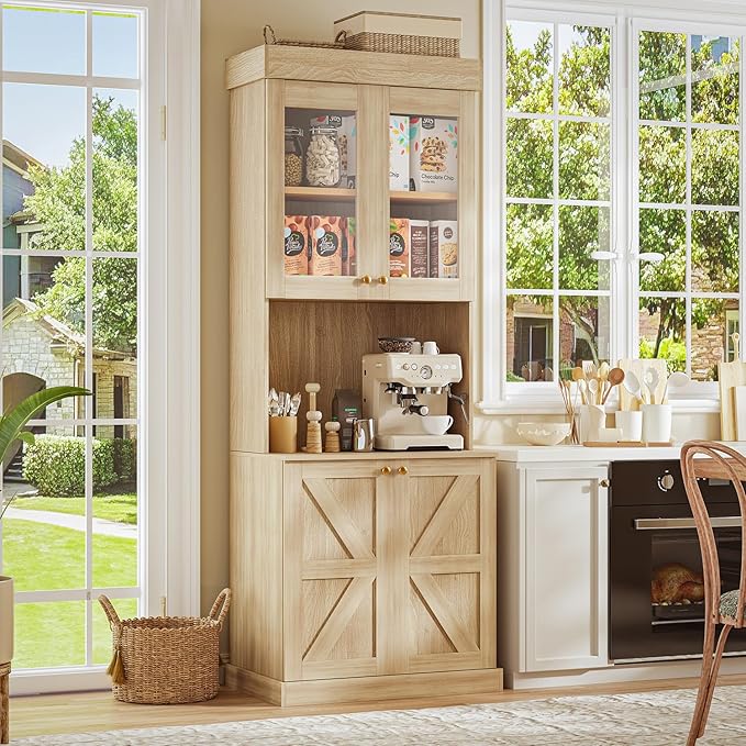 71" Tall Farmhouse Kitchen Pantry, Large Storage Cabinet with Glass Doors and Drawers, Freestanding Coffee Bar Hutch with Microwave Stand, Adjustable Shelves for Kitchen, Living Room, Brown 4 Pcs