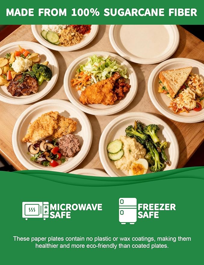 100Pack Disposable Paper Plates 100% Compostable Large Paper Plates Heavy Duty Biodegradable Plate 10Inch BPI Certified Eco-Friendly Plate Perfect for Daily Meals, Dinner, Parties, Wedding