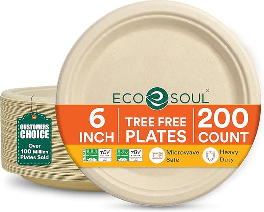 ECO SOUL Compostable Paper Plates 6 Inch (200 Count) Plates for Christmas Dessert, Heavy Duty, Eco-Friendly Sugarcane Bagasse Small Plates For Appetizer- Natural Brown