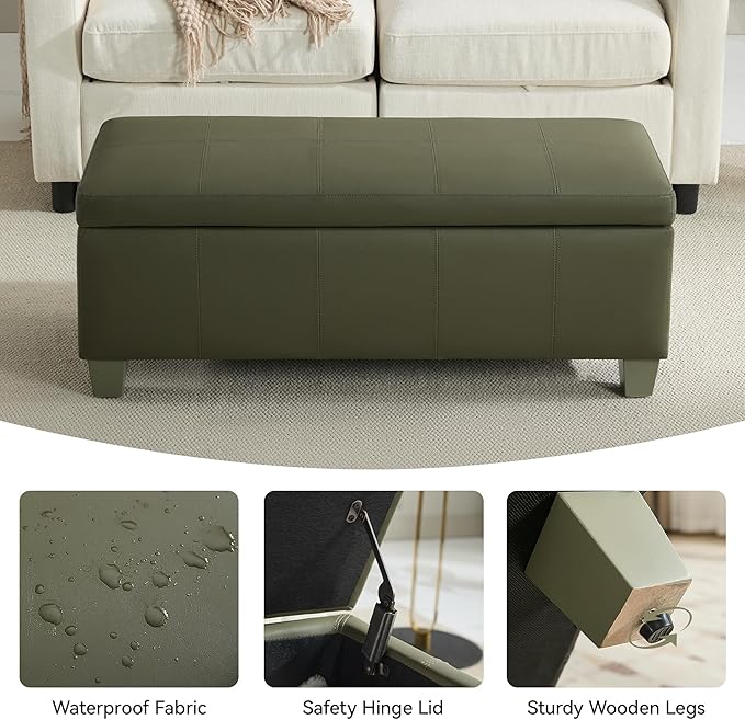 WUTUTUEE 41" Faux Leather Storage Ottoman, Stitch Tufted Rectangle Upholstered End of Bed Storage Bench, Entryway Large Couch Ottoman with Wooden Legs,Green