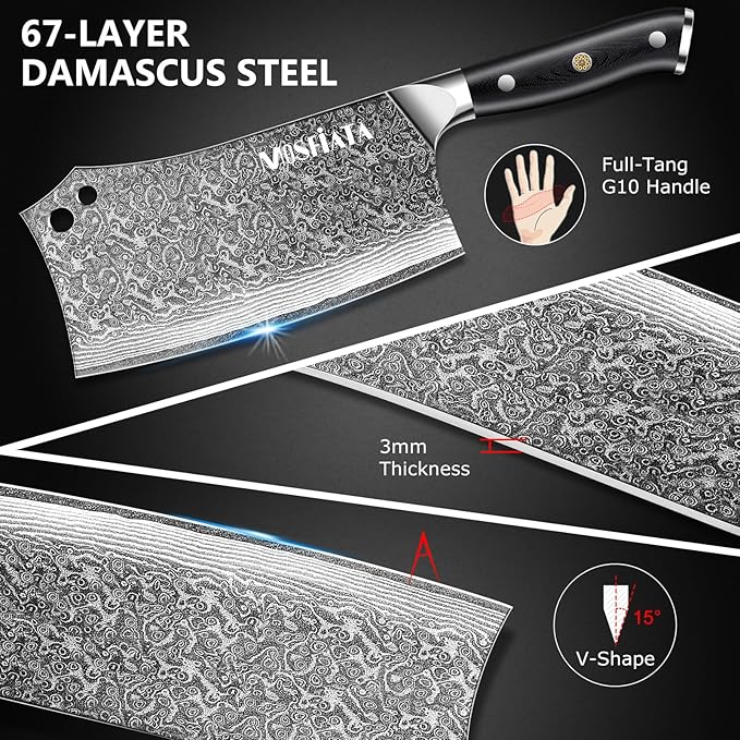 MOSFiATA Damascus 7??Cleaver Knife竊똗ltra Sharp Vegetable and Meat Butcher Knife with Finger Guard for Home Kitchen and Restaurant
