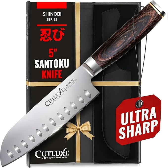 Santoku Knife ??Ultra Sharp 5 Inch Meat and Vegetable Japanese Knife for Chopping, High Carbon Stainless Steel Blade, Full Tang Pakkawood Handle ??Shinobi Series