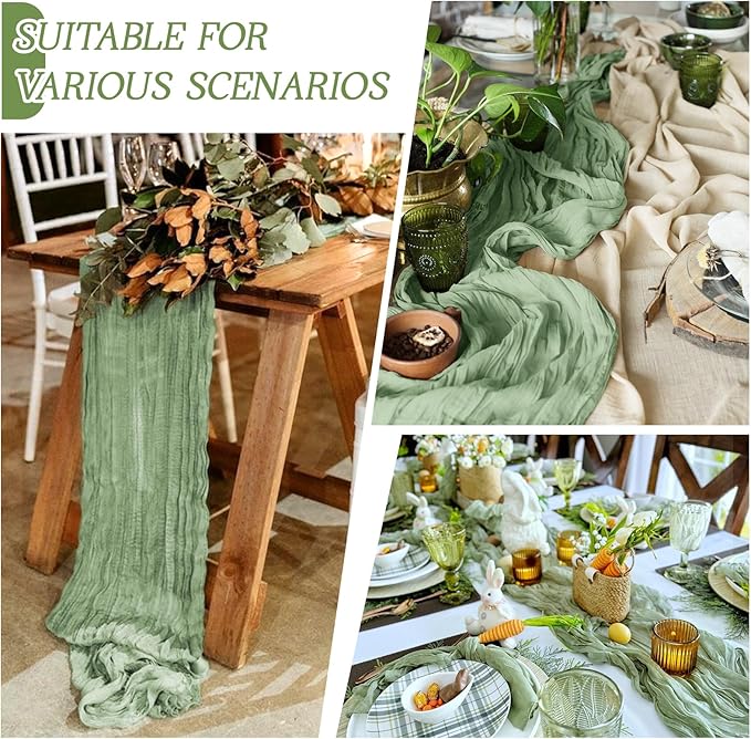 RealBox 3 Pack Sage Green Cheesecloth Table Runner 17x108 Inch Semi Sheer Boho Gauze Cheese Cloth Fabric Table Runners Table Decor for Wedding Party Baby Shower Birthday Home Decor Garden Farmhouse