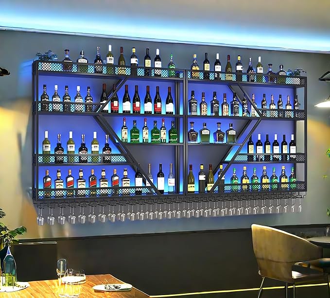79 Inch Metal Wine Rack Wall Mounted, Modern Bar Shelves Wall Mounted Wine Rack with LED Light, Liquor Shelf Wall Mounted, Bar Shelves for Liquor Bottles (Black with Blue Led, 79-3 Tier)