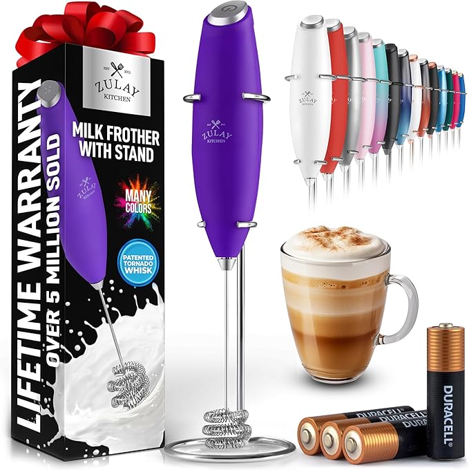 Zulay Kitchen Patented Tornado Triple Whisk Milk Frother with 4 Duracell Batteries ??Handheld Foam Maker for Coffee, Lattes, Matcha & Hot Chocolate ??Rich, Creamy Froth in Seconds