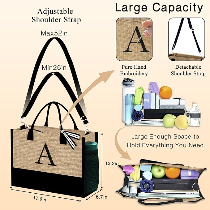 YOOLIFE Gifts for Women - Initial Jute Tote Bag & 2 Makeup Bags Personalized Gifts for Women Teacher Mom Friend Birthday