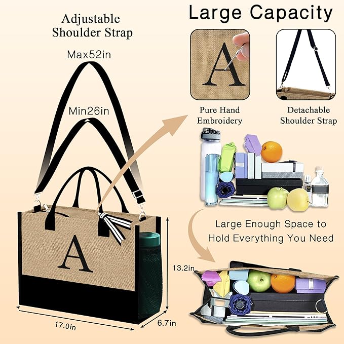 YOOLIFE Gifts for Women - Initial Jute Tote Bag & 2 Makeup Bags Personalized Gifts for Women Teacher Mom Friend Birthday