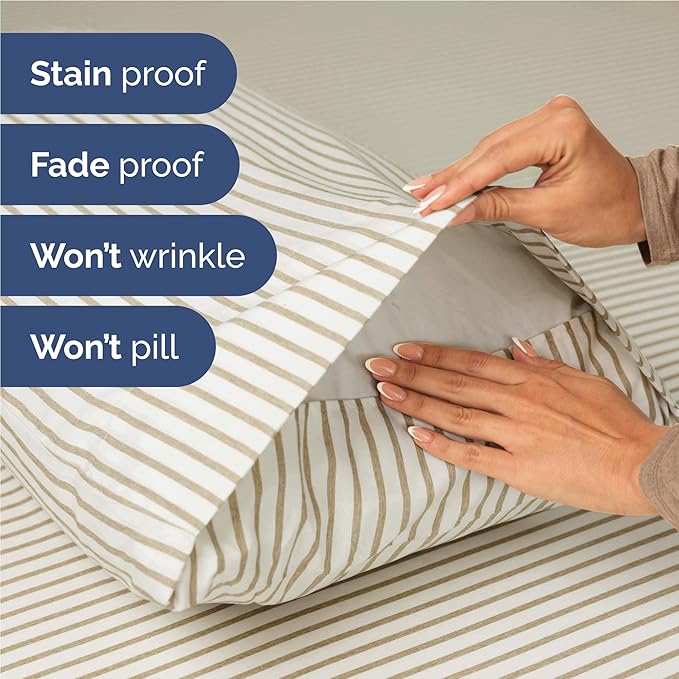 Full 6 Piece Sheet Set - Cooling & Breathable Bed Sheets - Hotel Luxury Bed Sheets for Women, Men, Kids & Teens - Bedding w/Deep Pockets & Easy Fit - Soft & Wrinkle Free - Full Beige Stripes Sheets
