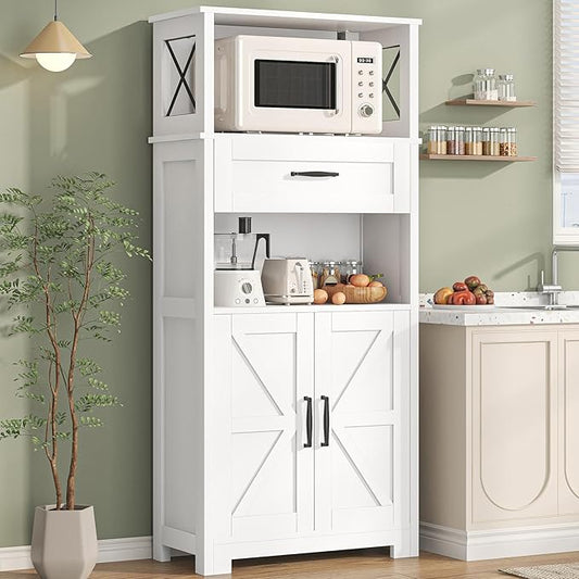55" Tall Kitchen Pantry, Farmhouse Storage Cabinet with Doors, Shelves and Drawer, Rustic Wood Cupboard for Kitchen, Dining Room (White)