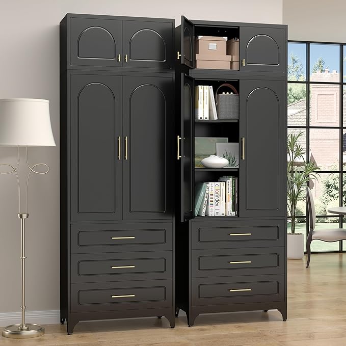 Kitchen Pantry Cabinet竊?0" Storage Cabinets with Doors and Shelves,Metal Pantry Cabinet with 3 Drawers,Black Kitchen Cupboard for Livingroom,Pantry, Bathroom