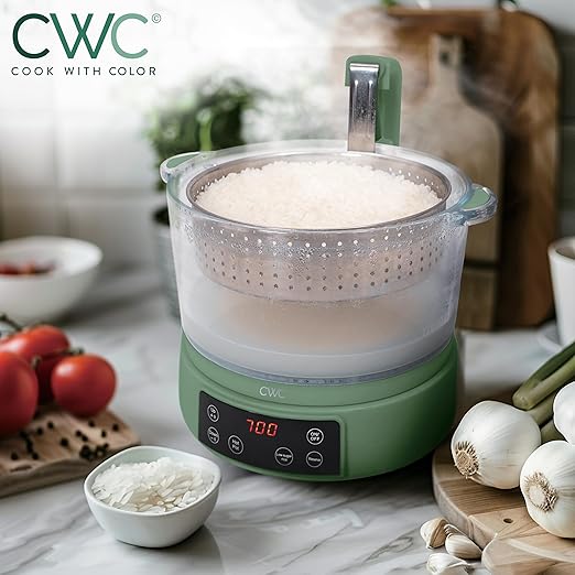 COOK WITH COLOR 3L Glass Mini Low Carb Rice Cooker ??Holds 2 Cups Raw/Makes 6 Cups Cooked with Auto Lift Filter Basket, Hotpot & Steamer for Rice, Grains, Digital Panel with Keep Warm, Dark Sage