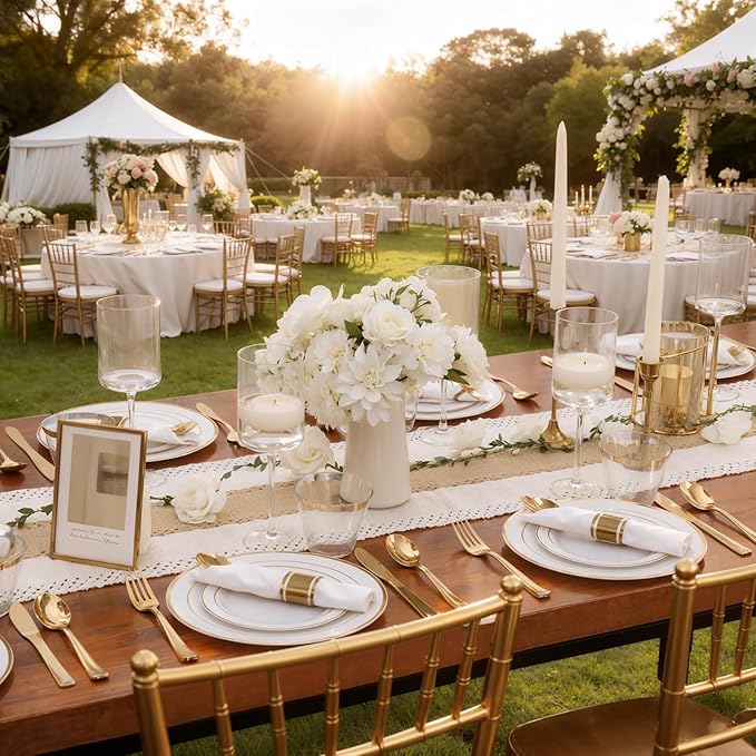 350Piece Gold Dinnerware Set for 50 Guests - Gold Plastic Plates with Disposable Cutlery Include:50Dinner Plates-50Dessert Plates-50Pre Rolled Napkins with Silverware for Valentine?셲 Day