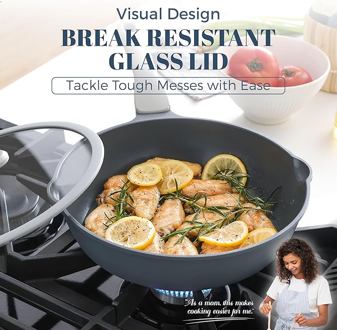 PRICUSIS Nonstick Ceramic Saut챕 Pan with Lid (3.2 qt, 10 inch), Toxin-Free Deep Frying Pan, Versatile Non Stick Frying Pan, Skillet, PTFE, PFOA & PFAS Free, Compatible with All Stovetops.