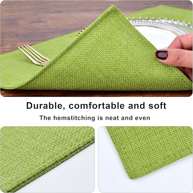 SLKQG Green Linen-Look Placemats Set of 8, Heat Resistant & Machine Washable Double-Layered Cloth Placemats for Dining Table, Indoor/Outdoor Use, Non-Slip Kitchen Table Mats (8, Grass Green)