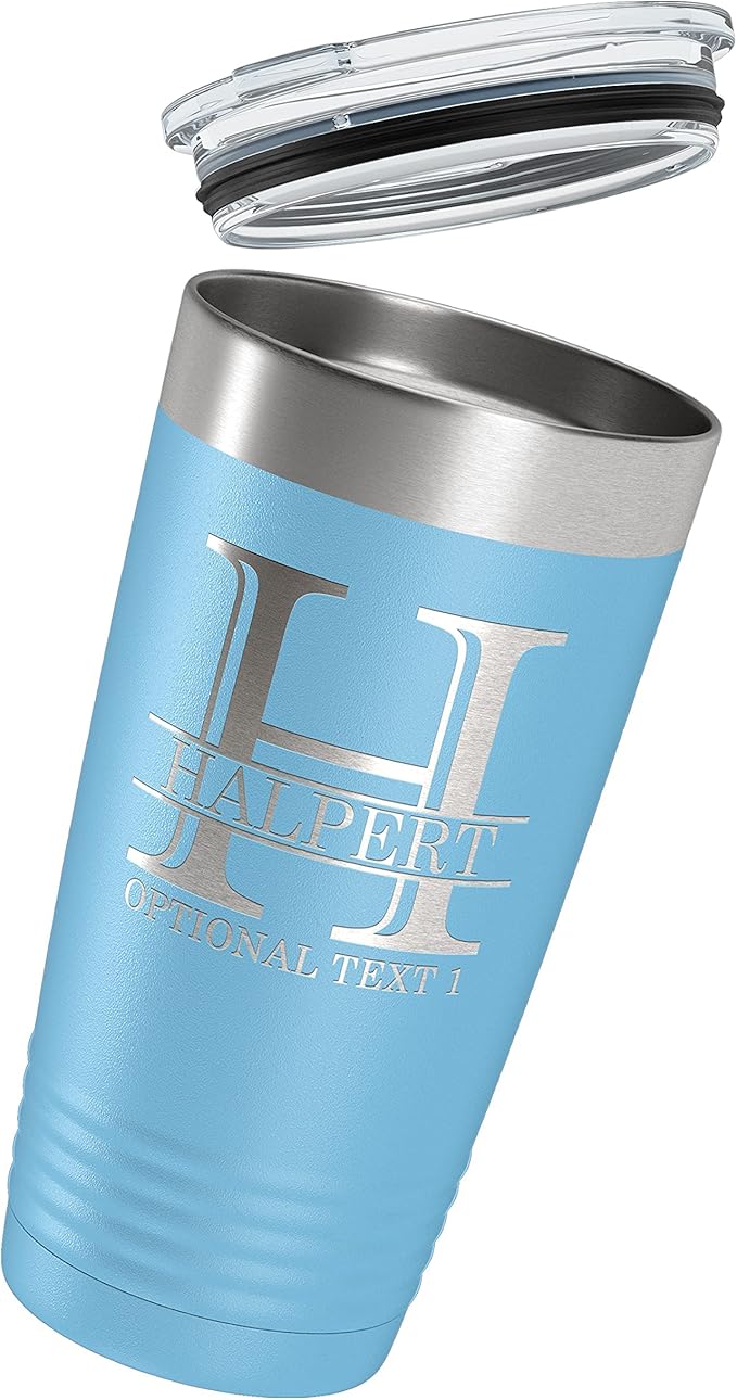 Personalized 20oz (17 Colors) Powder Coated Insulated Stainless Steel Tumbler with Lid, Custom Etched, Customized Engraved Gift Idea for Women Men Her Him, Halpert Monogram Initial Name (Light Blue)