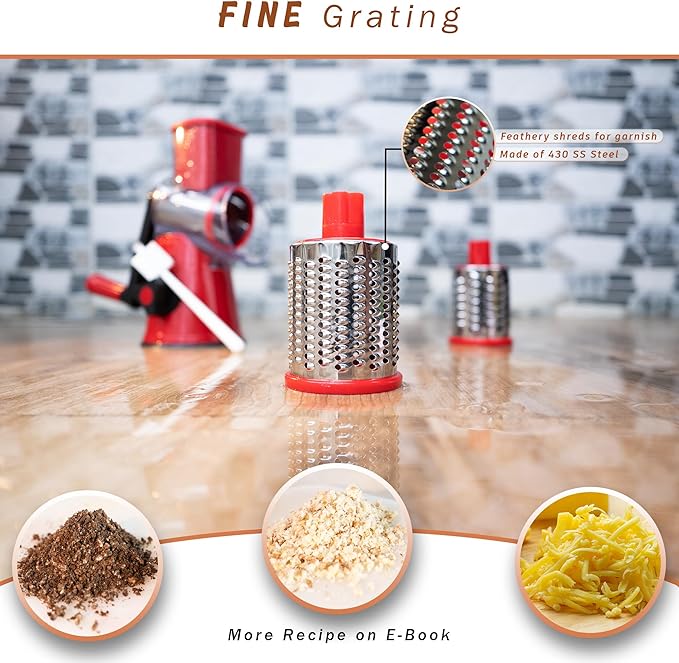 KARTWILL Rotary Cheese Grater with Handle - 3-in-1 Cheese Shredder - Easy to Clean Rotary Grater - Mandoline Vegetable Slicer Hand Crank - with Brush and Peeler - Red