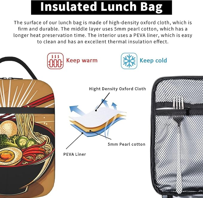 VANZEV Insulated Lunch Box for Women Men, Ramen Theme Lunch Box Reusable Portable Lunch Bag Cooler Tote Waterproof Lunch Container for Office Picnic Work Travel