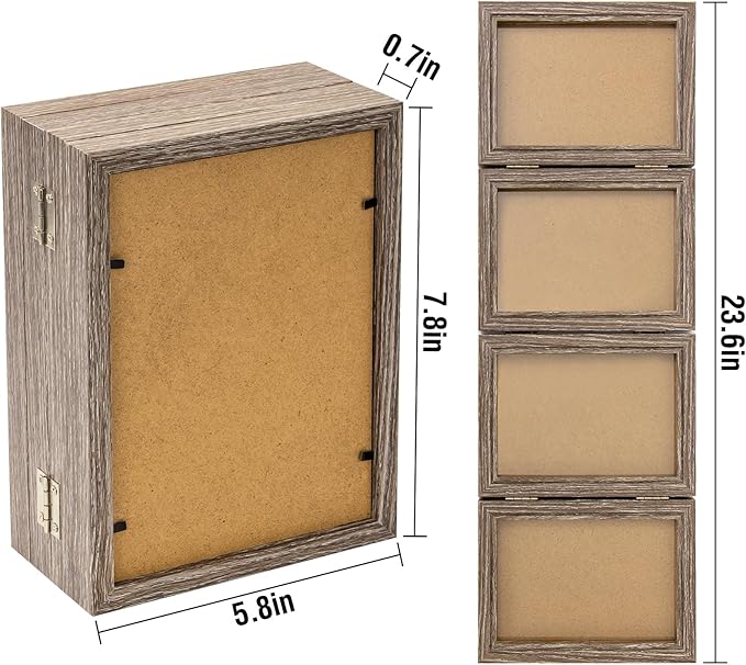 5x7 Four Picture Frame 4 Hinged Photo Frame with 4 Openings, Natural Wood Foldable Photo Frame with High Definition Acrylic for Birthday Father's Day Christmas Gift, Rustic Desk Family Picture Collage, Gray