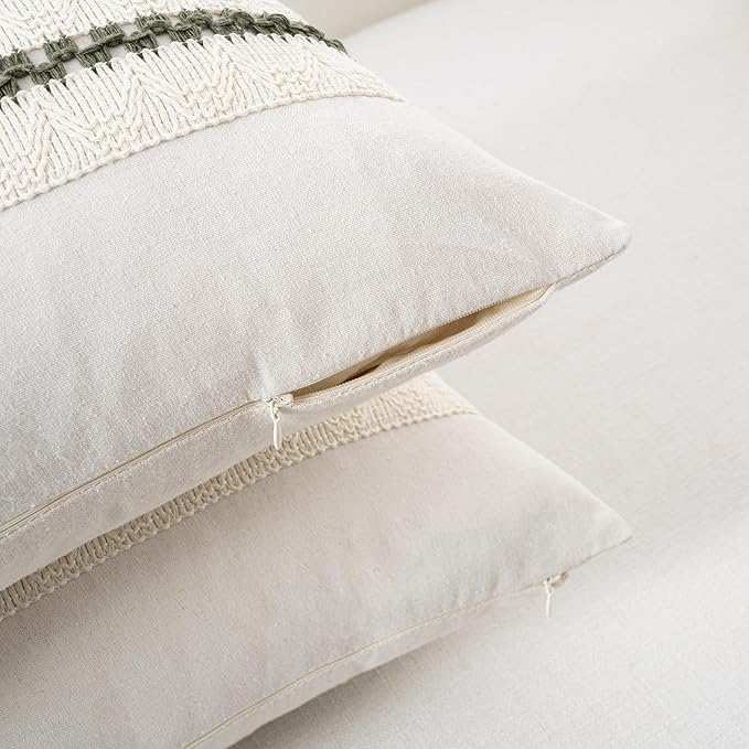 Fancy Homi Set of 2 Boho Olive Green Decorative Throw Pillow Cover 20x20 Inch for Couch Bed Sofa, Aesthetic Modern Organic Farmhouse Home Decor, Soft Cotton Cute Accent Macrame Woven Cushion Case