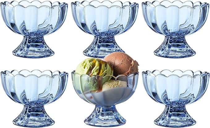 KMwares 6PCs Set 5oz Small Cute Footed Tulip Glass Dessert Bowls/Cups - Perfect for Dessert, Sundae, Ice Cream, Fruit, Salad, Snack, Cocktail, Condiment, Trifle and Christmas Holiday Party (Blue)
