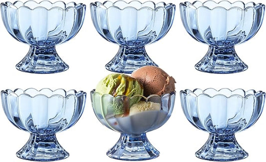 KMwares 6PCs Set 5oz Small Cute Footed Tulip Glass Dessert Bowls/Cups - Perfect for Dessert, Sundae, Ice Cream, Fruit, Salad, Snack, Cocktail, Condiment, Trifle and Christmas Holiday Party (Blue)