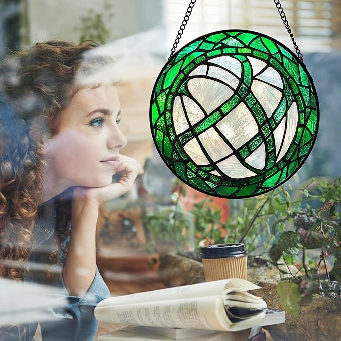 Stained Glass Window Hanging Green Plants 7.8" - Abstract Suncatcher Door Garden Sun Catcher Home Ireland Decor Birthday Mother's St Patrick's Day Gifts for Mom Men Woman Wife Friends