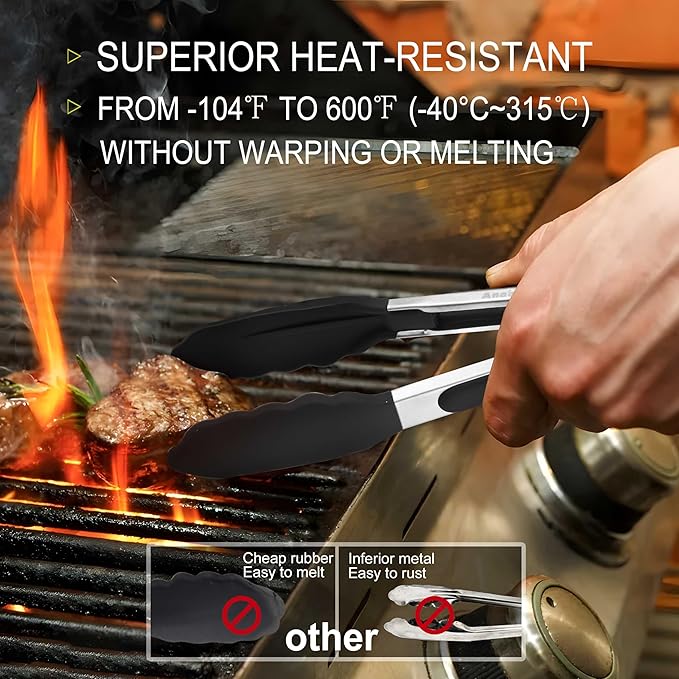 Anaeat Non-Stick Silicone Locking Tong Set of 3 - Stainless Steel 7", 9", 12" Kitchen Food Tongs with Non-Slip Silicone Tips and Grip for Cooking, Baking and BBQ - Heat Resistant up to 480째F (Black)